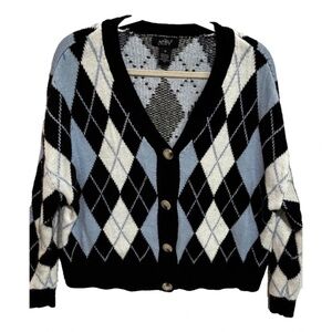 Elegant Argyle Cardigan - Black, Blue, and White